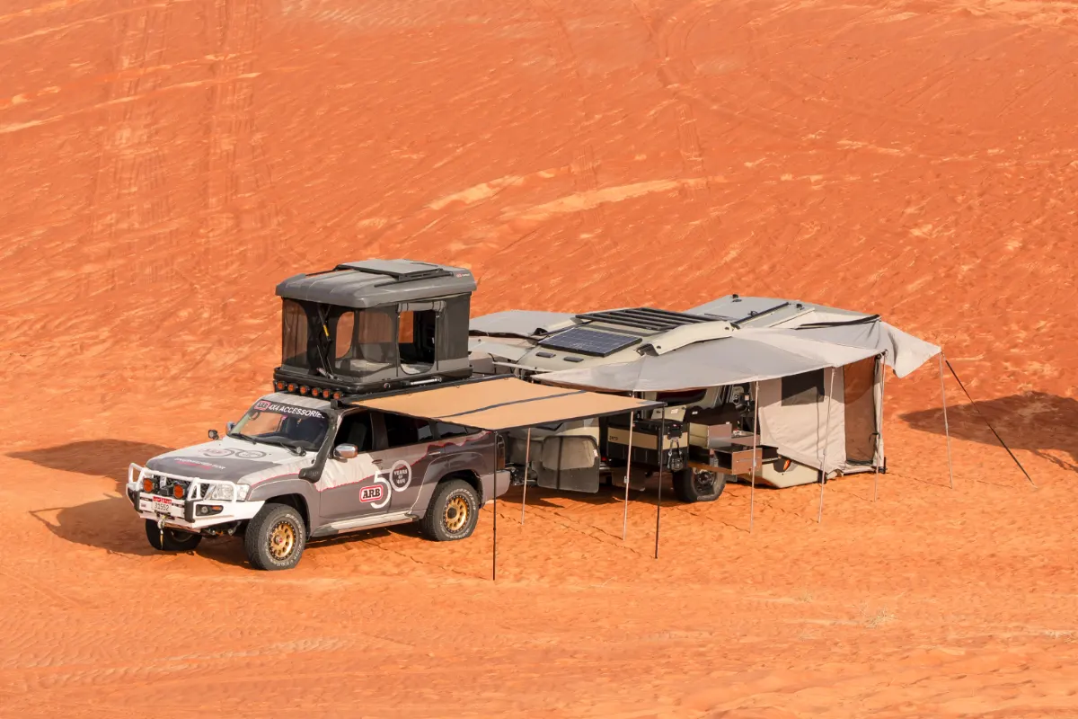 ARB demonstration vehicle fitted with a bull bar and winch on a dirt track