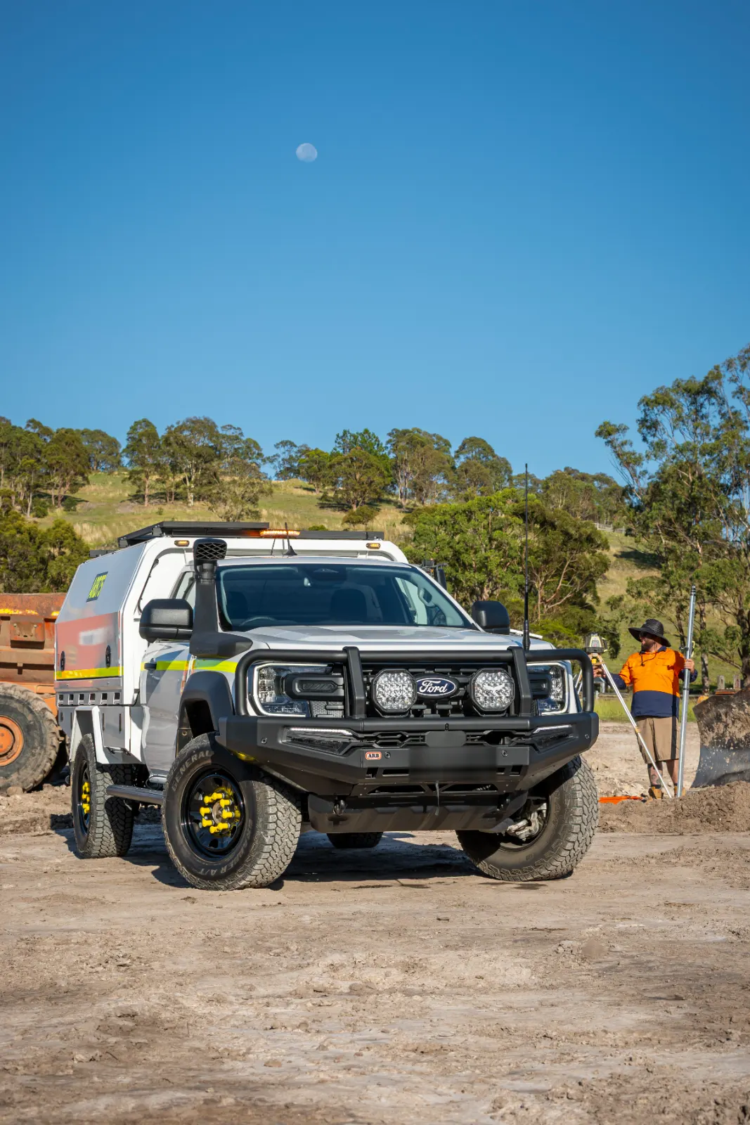 Fleet-spec Ford Ranger with ARB bull bar, canopy and safety lighting on a work site