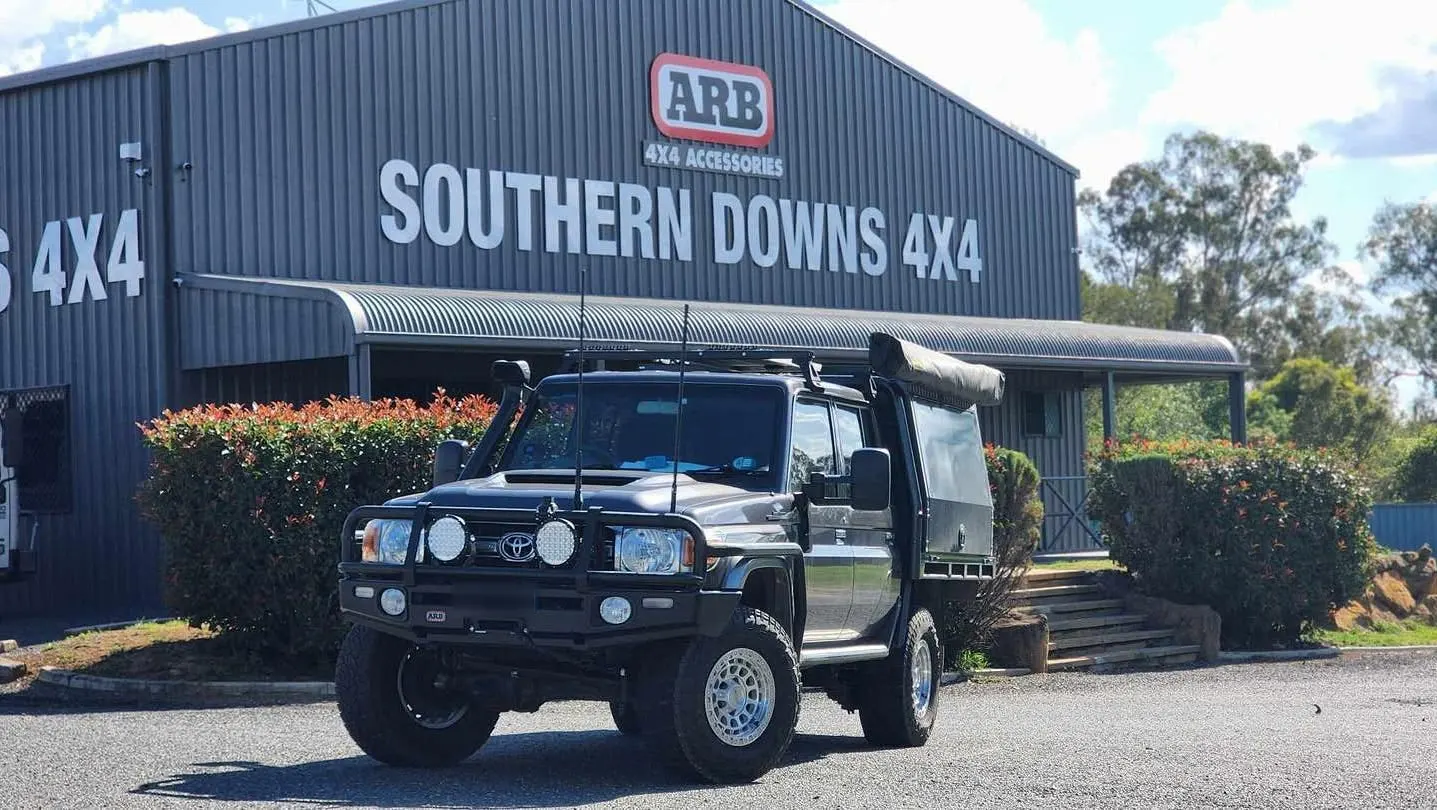 LandCruiser 79 with canopy and tray fit-out outside the Southern Downs 4x4 workshop